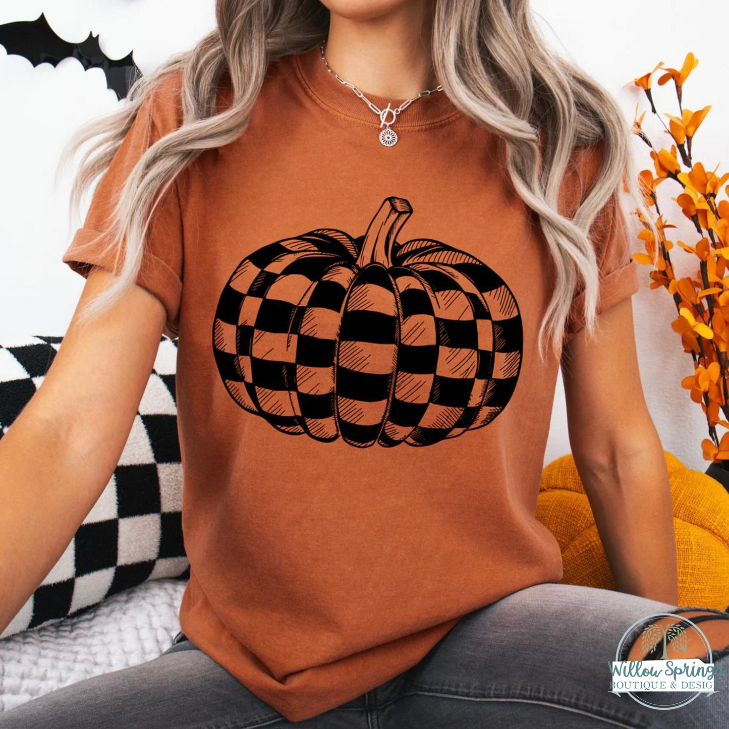 Checkered Pumpkin Graphic Tee- Comfort Colors