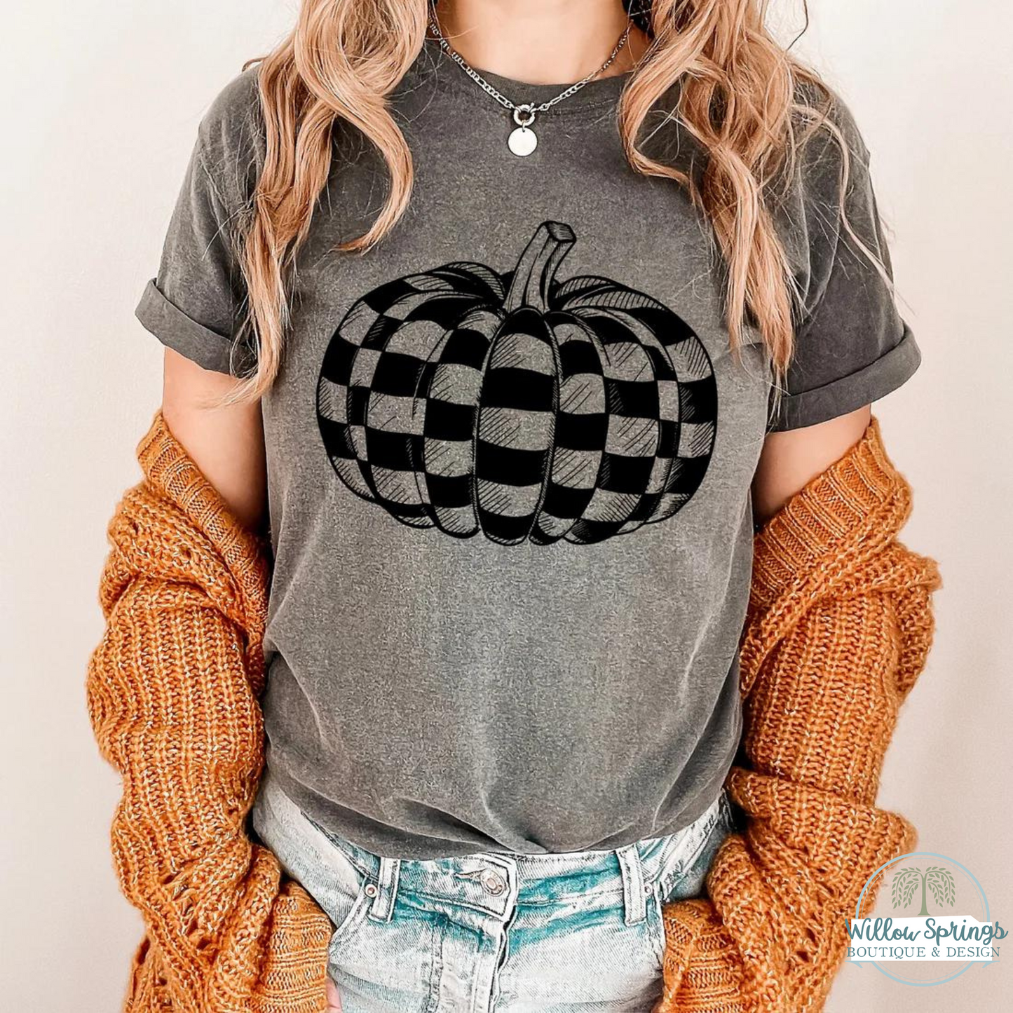 Checkered Pumpkin Graphic Tee- Comfort Colors