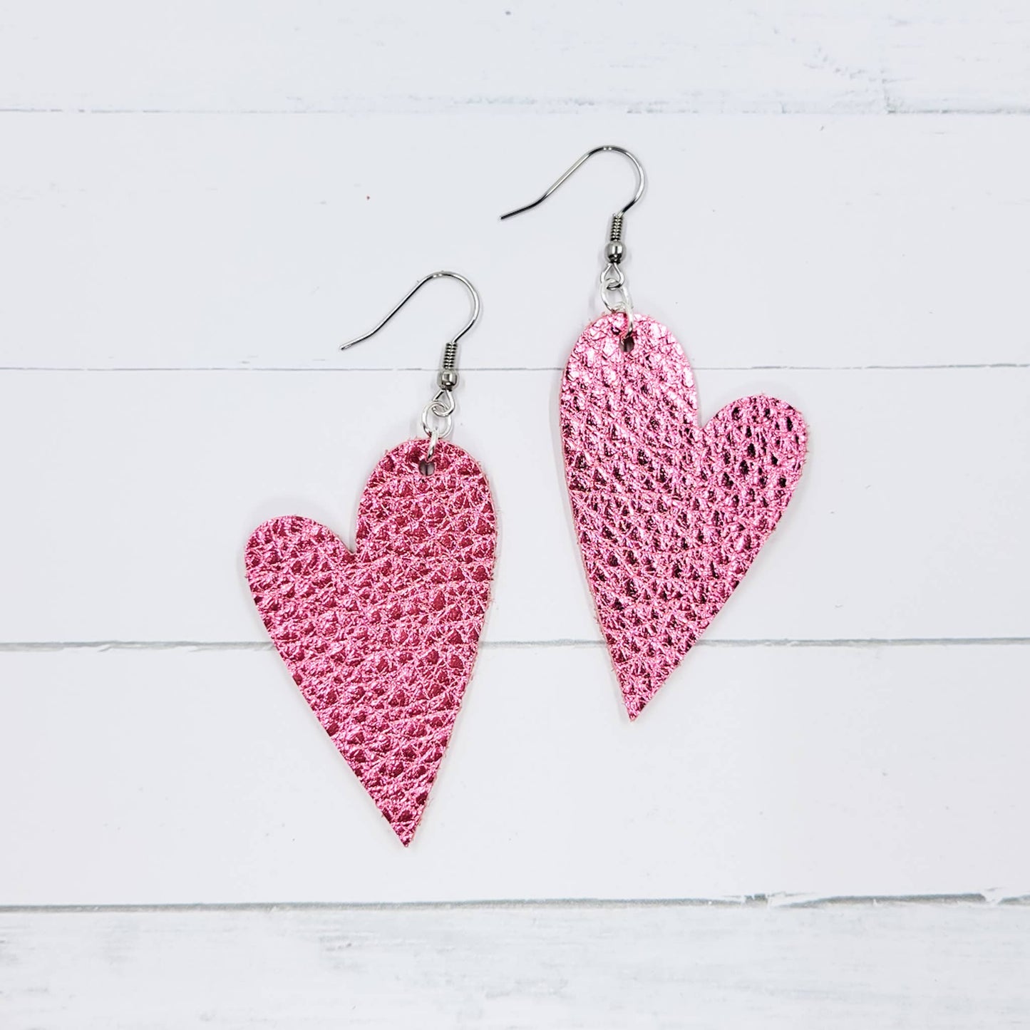 The Purple Chickadee - Metallic Pink Leather Heart Earrings