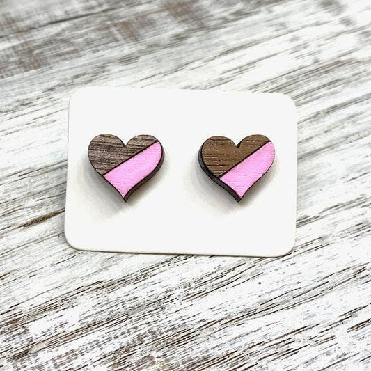 Holly and Liz - Hand Painted Walnut Heart Studs