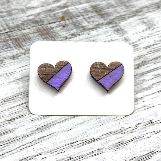 Holly and Liz - Hand Painted Walnut Heart Studs