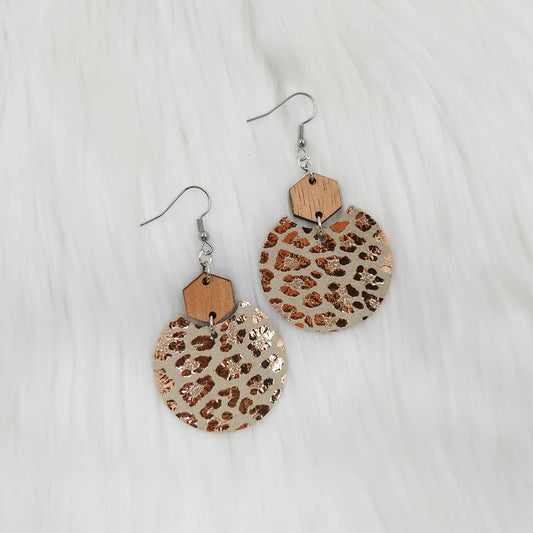 The Purple Chickadee - Cream Rose Gold Leopard Semi Circle Leather Earrings