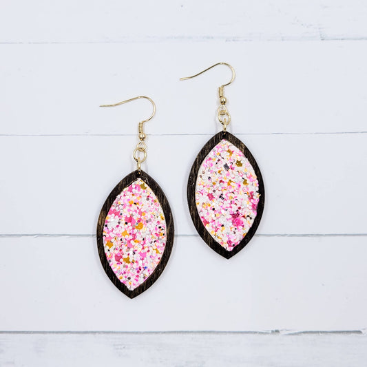 The Purple Chickadee - Wooden Petal - Pink Taffy Glitter Leather Earrings