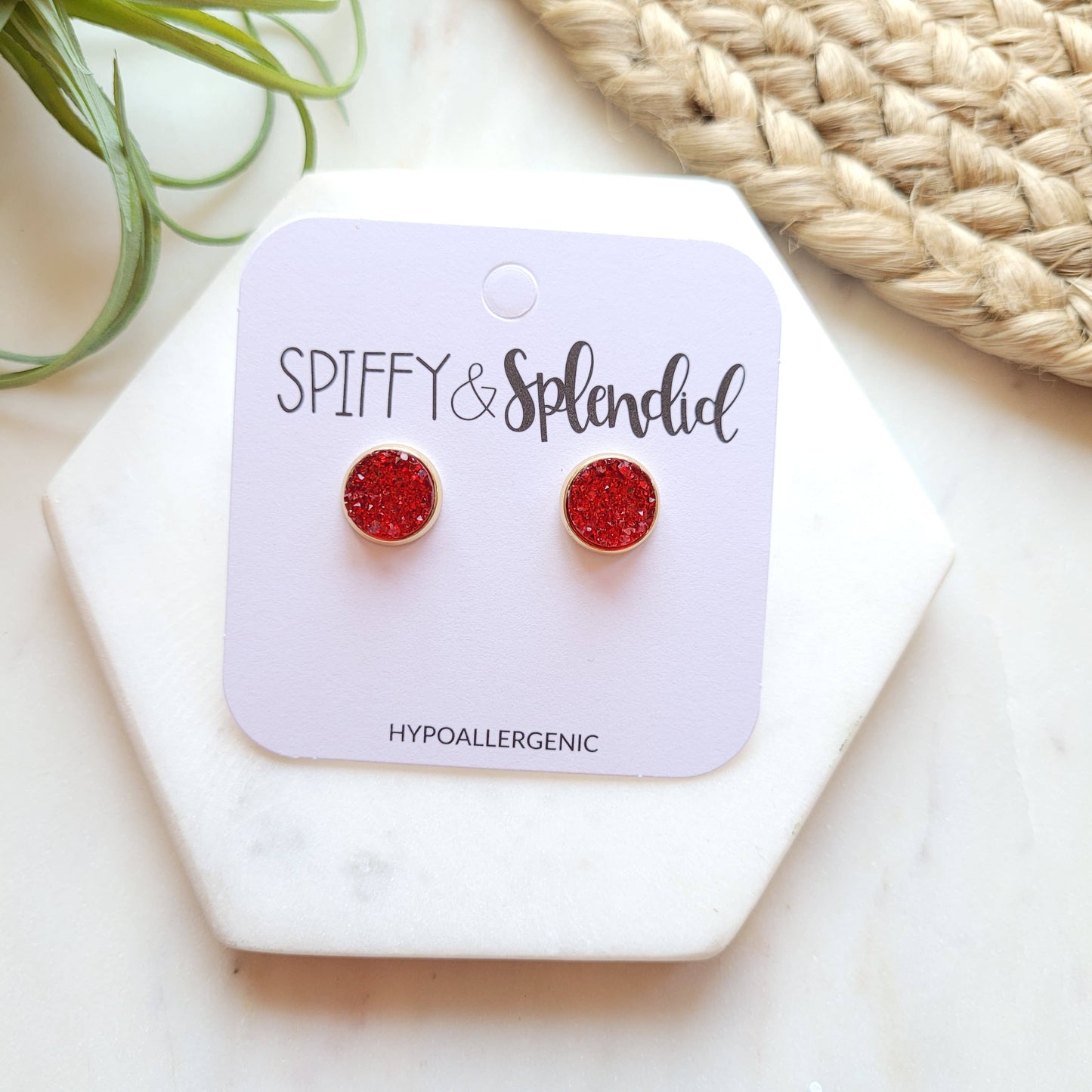 Red Druzy Stud Earrings