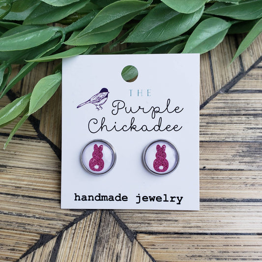 The Purple Chickadee - 12mm Dark Pink Bunny Cabochon Stud Earrings