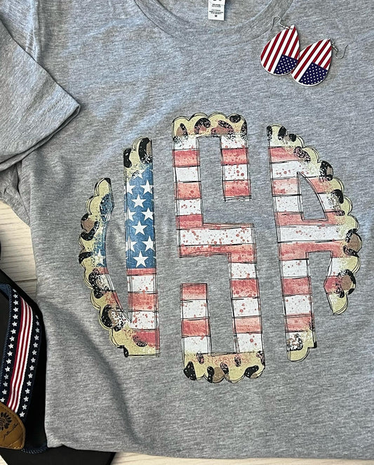 Leopard USA Flag Monogram Tee